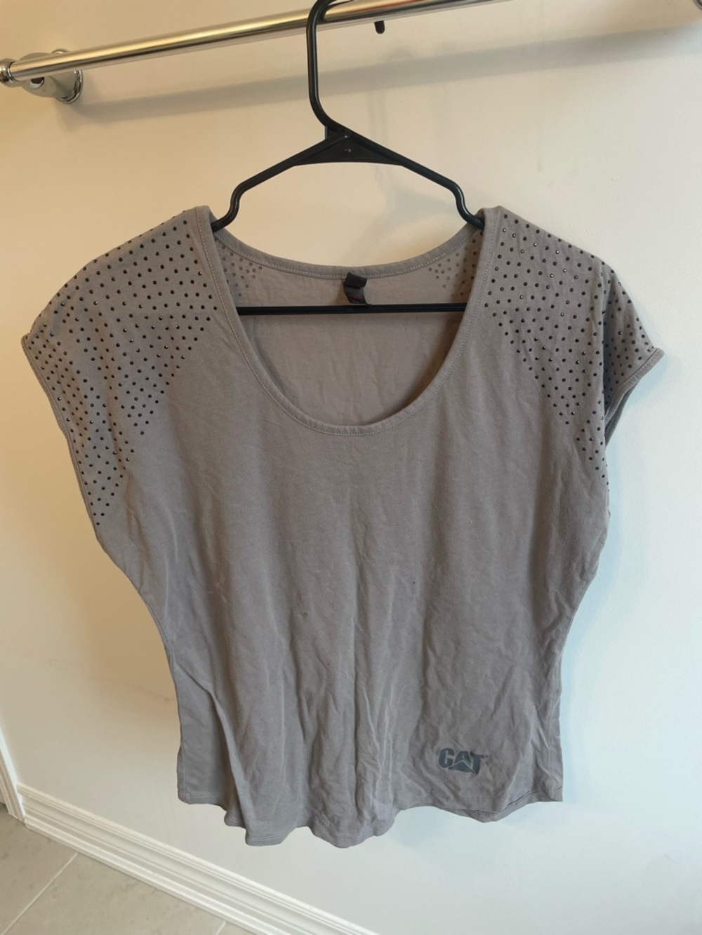 CAT Gray Short Sleeve Tee with Studded Shoulders